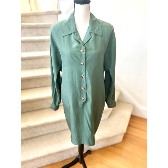 Vintage Sage Green Silk Tortoiseshell Button Long Sleeve Shirt Dress - Picture 1 of 7